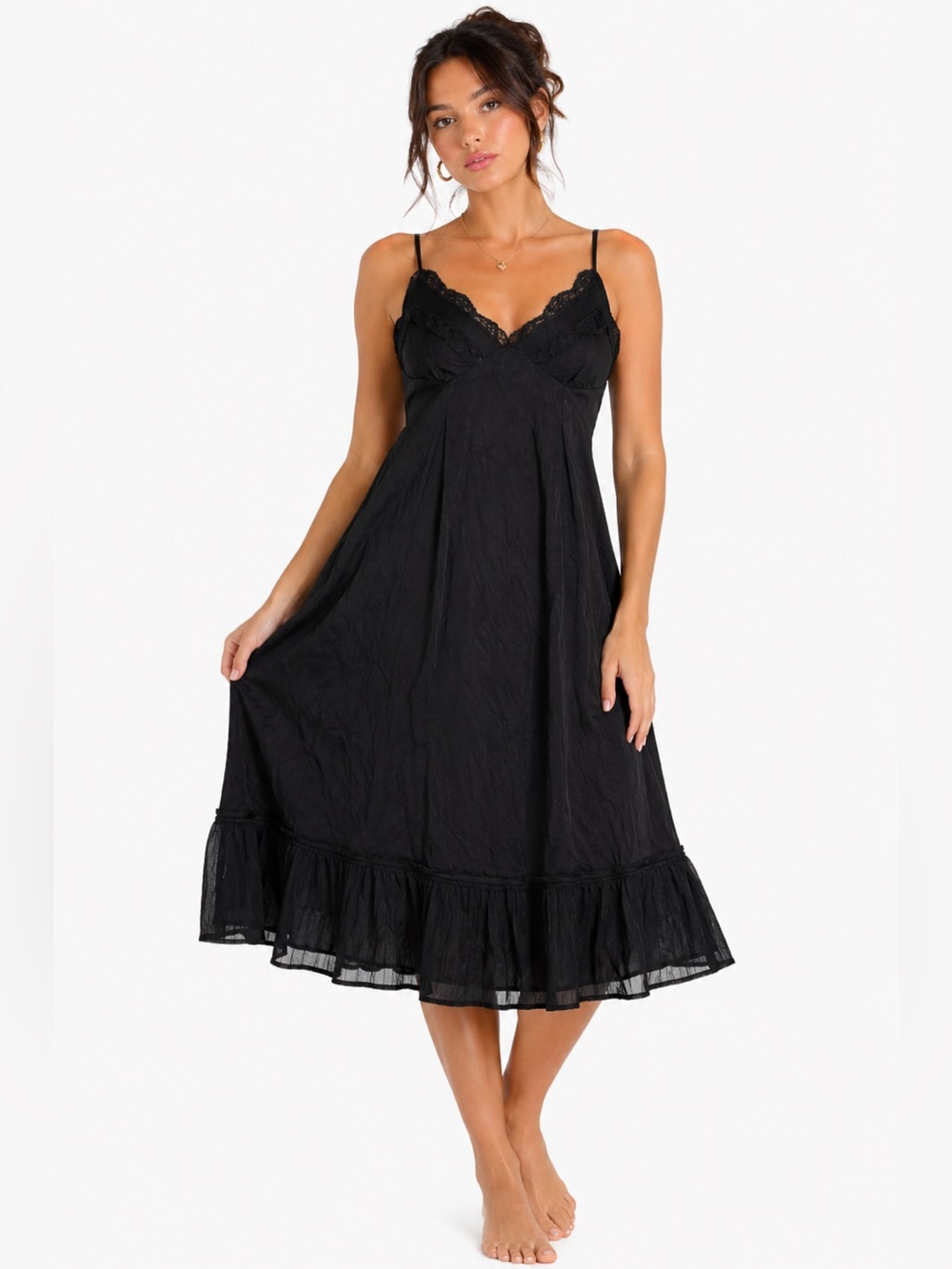 60s/70s European Vintage Silky & Lace Ruffle Hem Slip Dress (Black) Size Medium